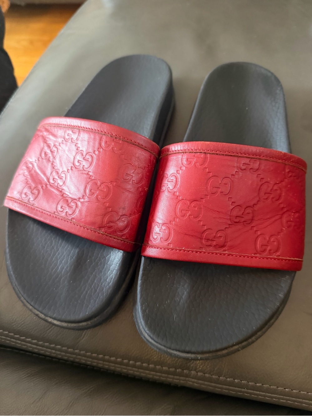 Gucci Red Leather Embossed GG Slide Sandals with Black Footbed
